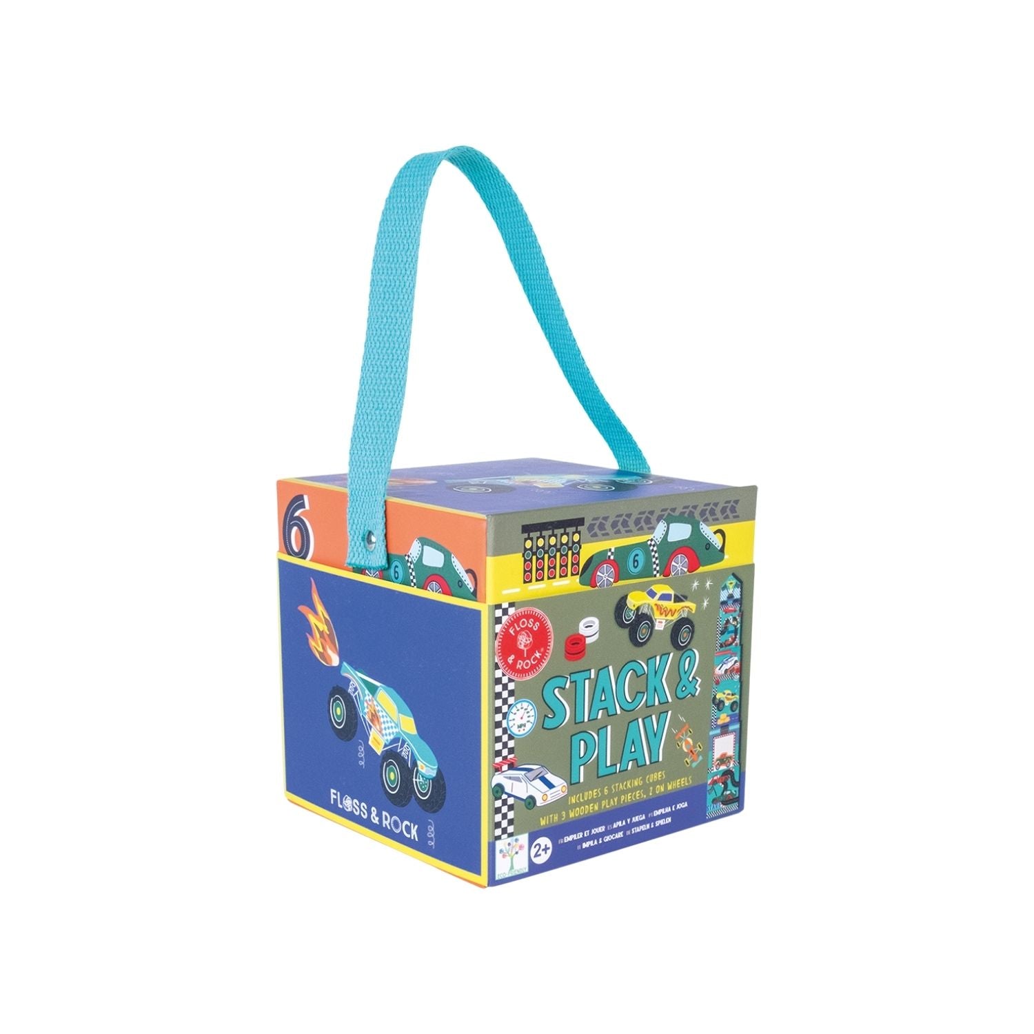 A colorful box packaging with a handle, labeled 'Stack & Play', featuring images of toy cars, monster trucks, and motorbikes. It contains wooden stacking cubes and play pieces.