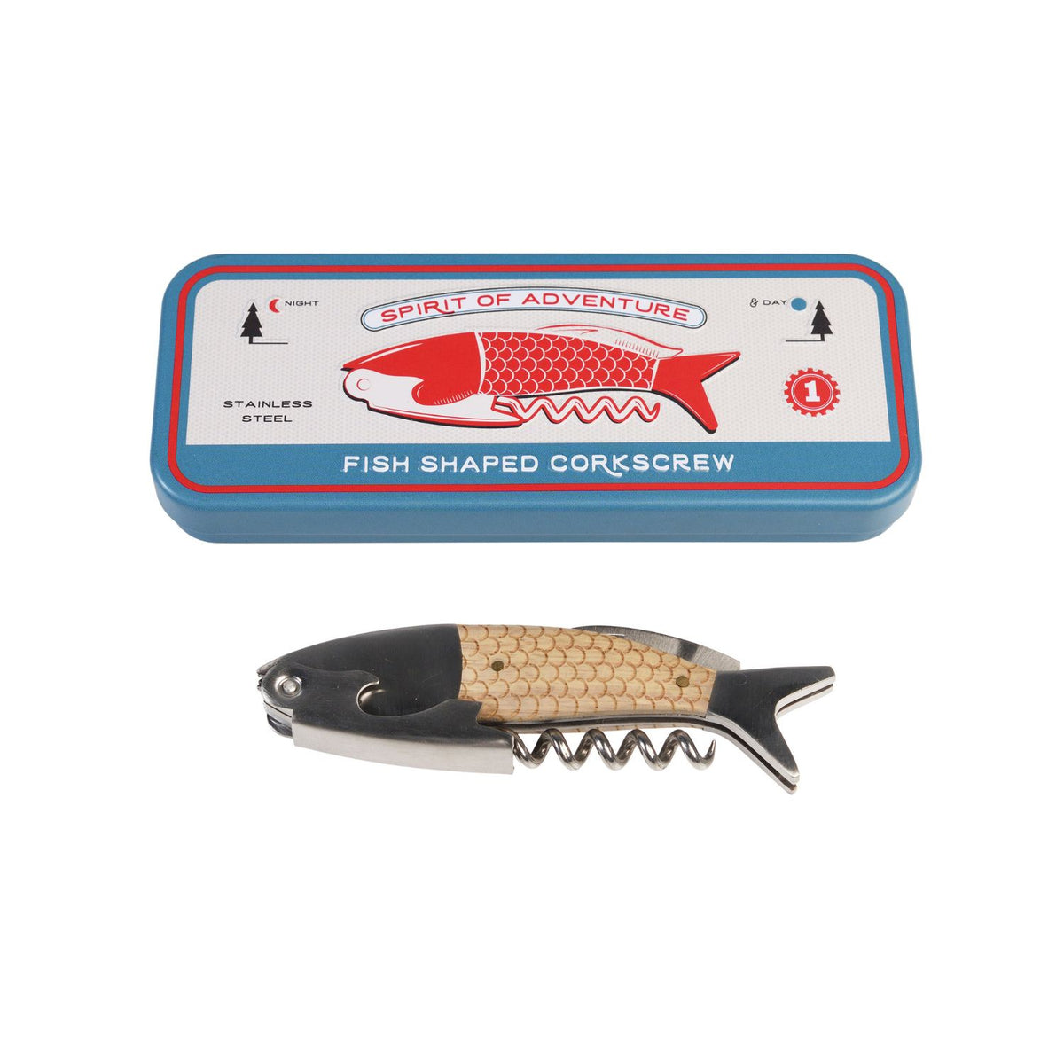 Fish-shaped corkscrew with packaging on a white background