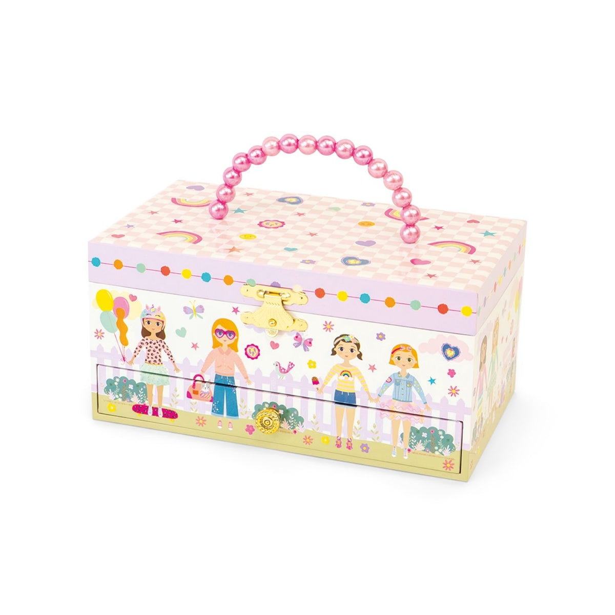 Children&#39;s jewelry box with colorful design and pink handle on a white background