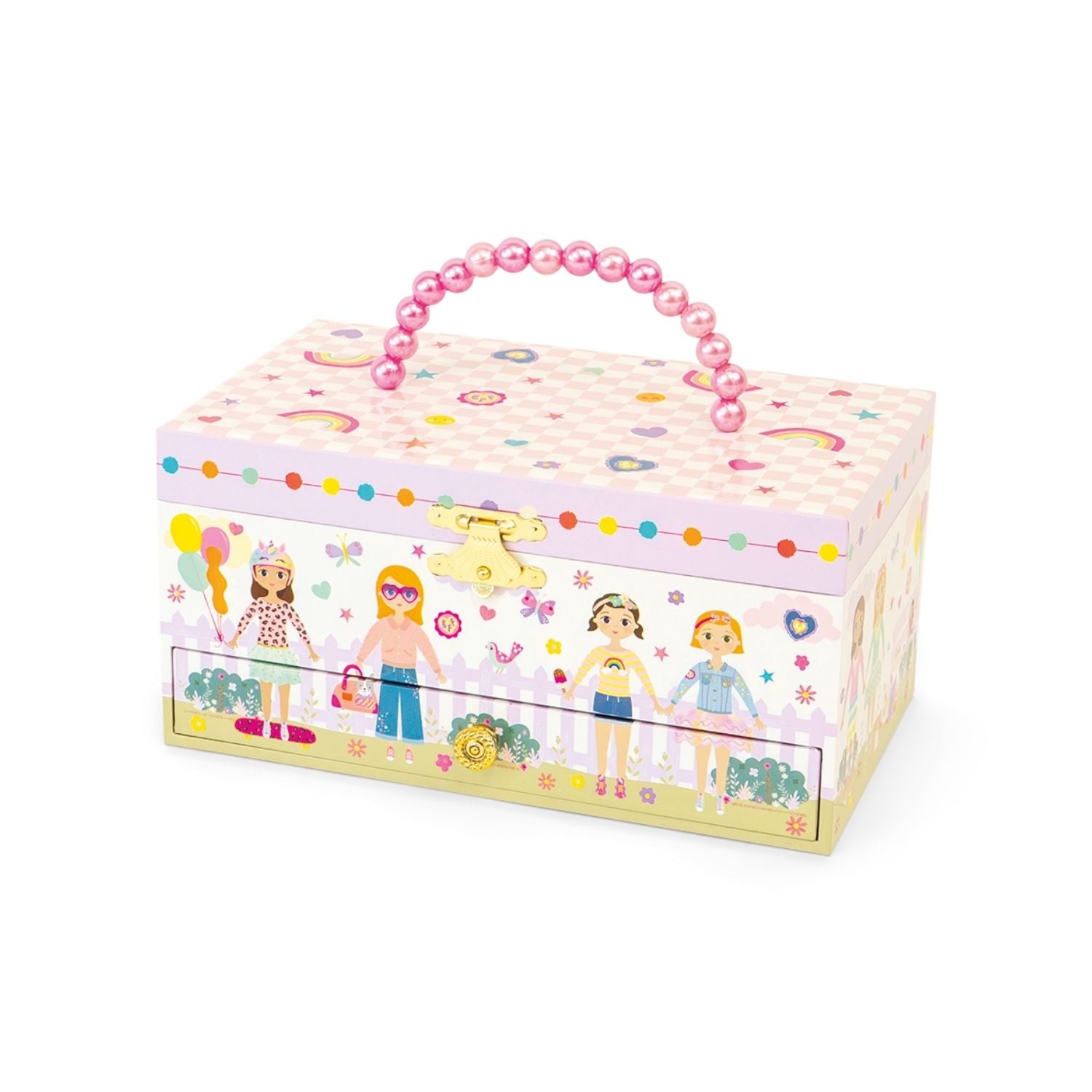 Children's jewelry box with colorful design and pink handle on a white background