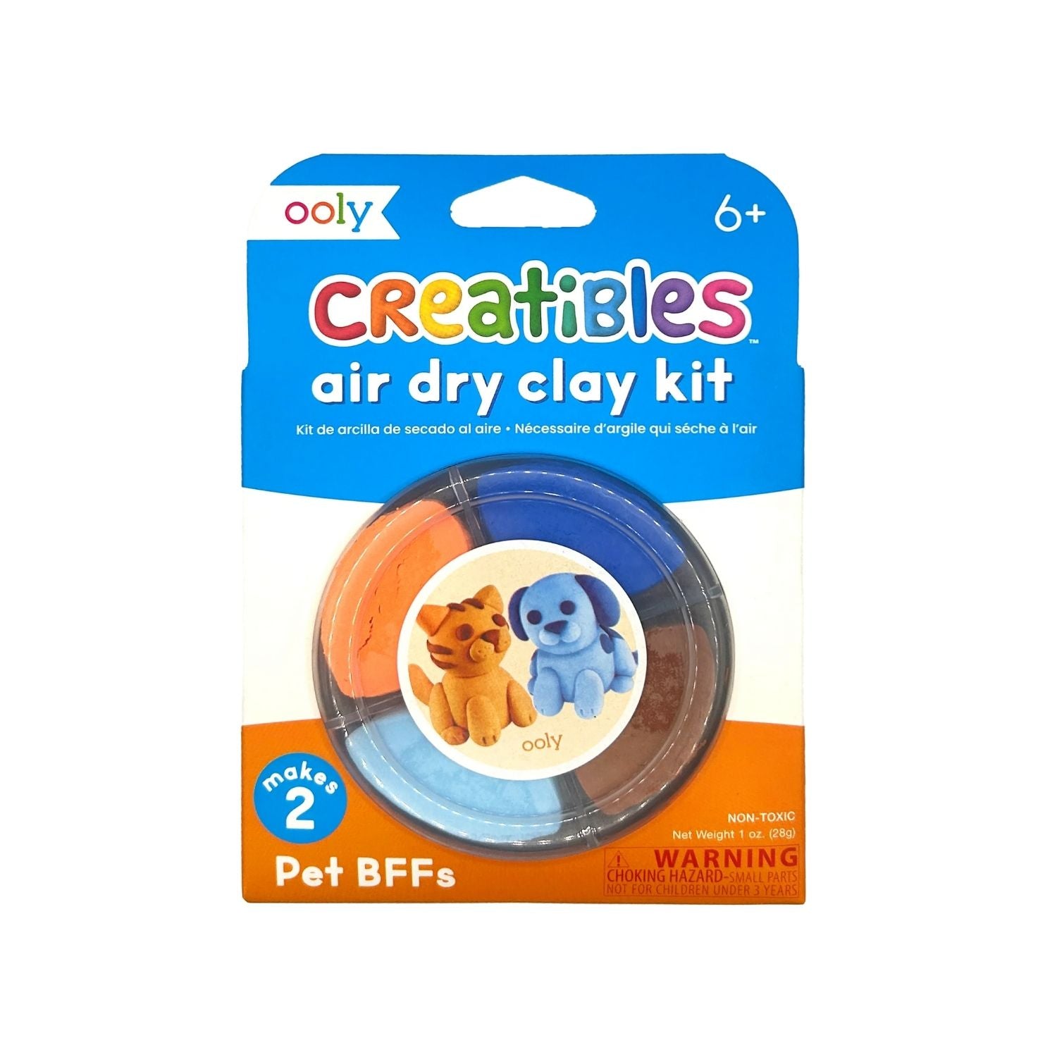 Packaging of Creatibles Mini Air Dry Clay with the theme 'Pet BFFs', featuring images of an orange kitten and a blue dog, and a reusable tub encasing four colors of clay.