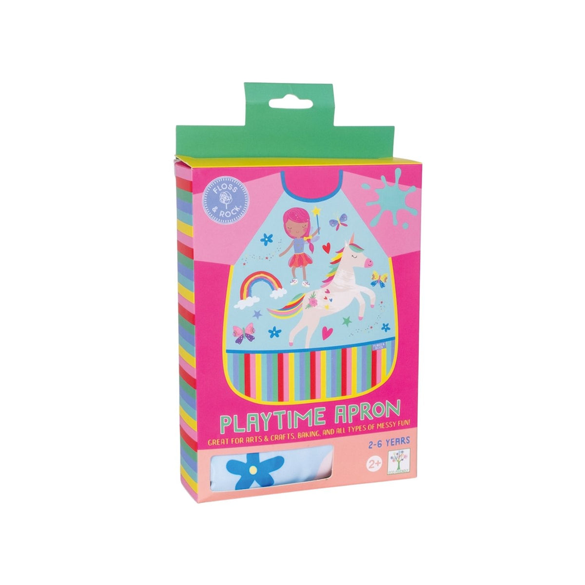Boxed playtime apron with colorful design on a white background