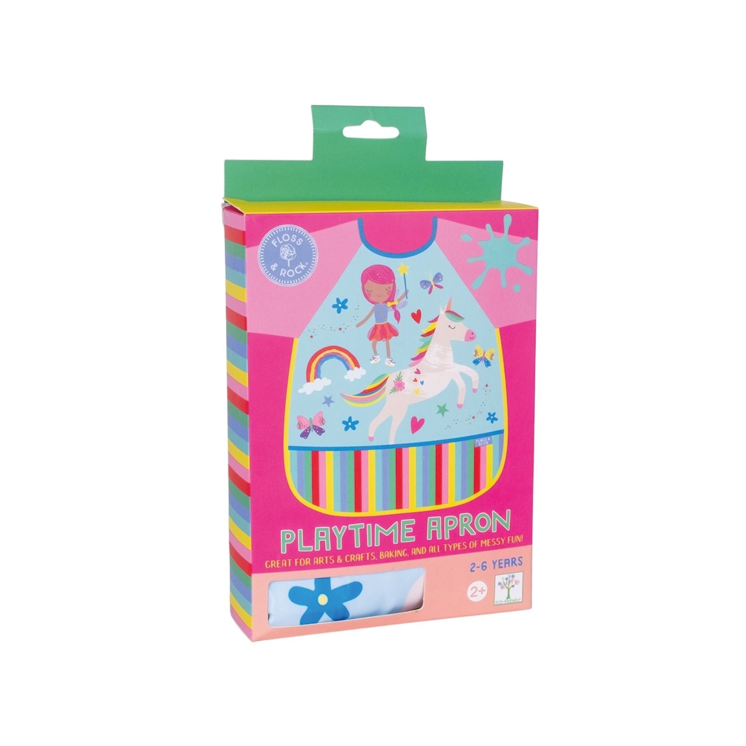 Boxed playtime apron with colorful design on a white background