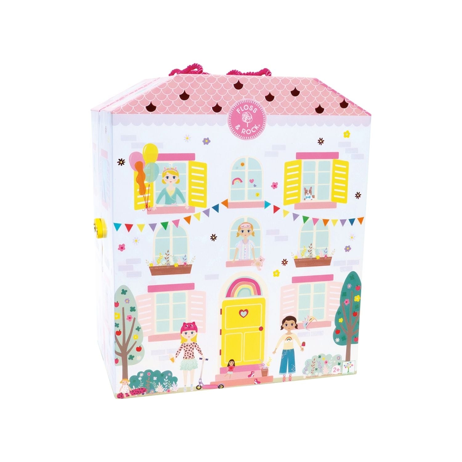 Children's playhouse with cartoon designs on a white background