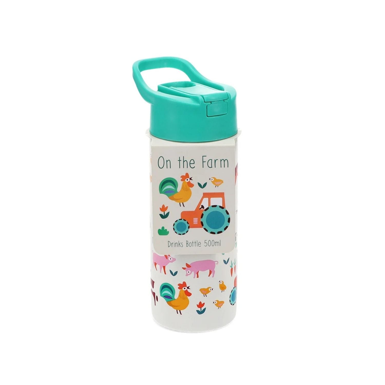 Children's water bottle with farm animal design and teal lid on a white background
