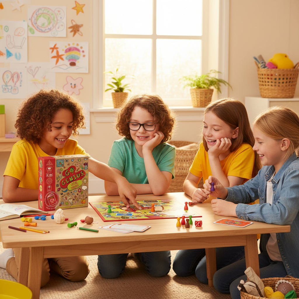 young players smiling excitedly as they play the board game highlighting how the game makes learning an rewarding experience