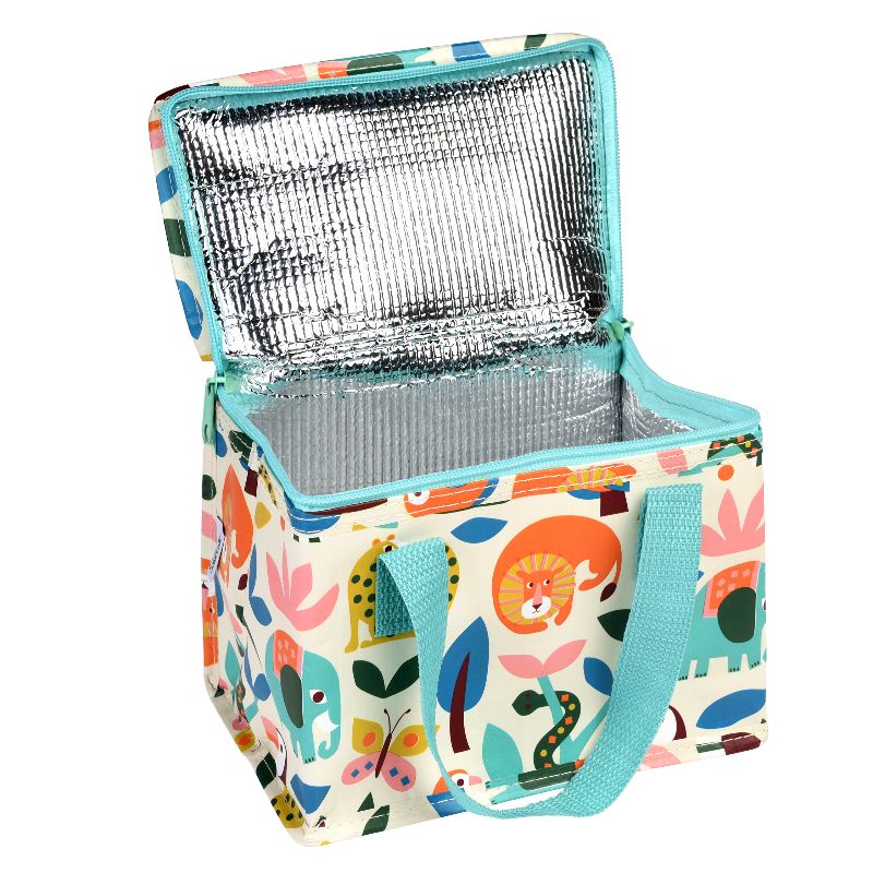 A lightweight insulated lunch bag perfect for school or picnics. Features fun jungle print, a leak-resistant foil lining, and folds flat for easy storage.