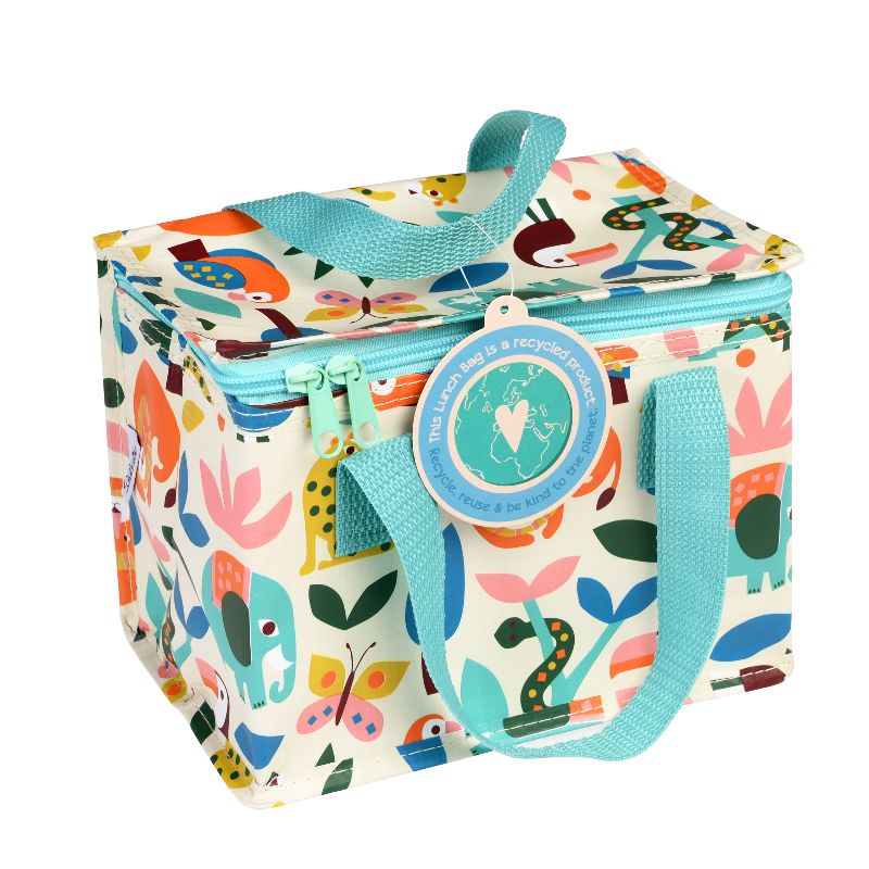A colorful insulated lunch bag with a pattern of animals and leaves on a white background, featuring blue accents and a fold-flat closure.