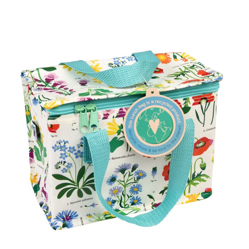 A multicolored insulated lunch bag with a floral pattern and a blue zipper.