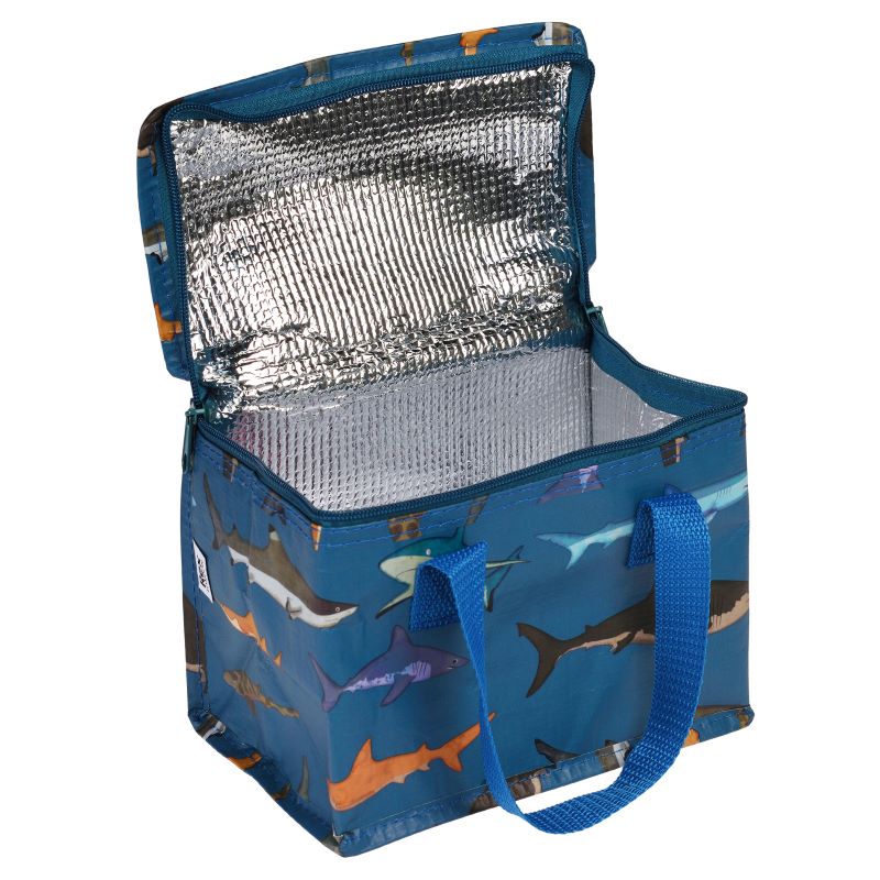 Keep food fresh with this eco-friendly insulated sharks lunch bag. Made from recycled plastic bottles, it is foil-lined, foldable, and easy to wipe clean.