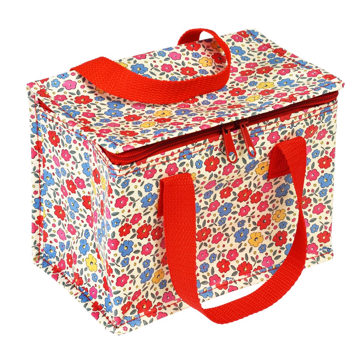 Eco-friendly reusable lunch bag made from recycled plastic materials. The fabric features a playful print suitable for both children and adults.