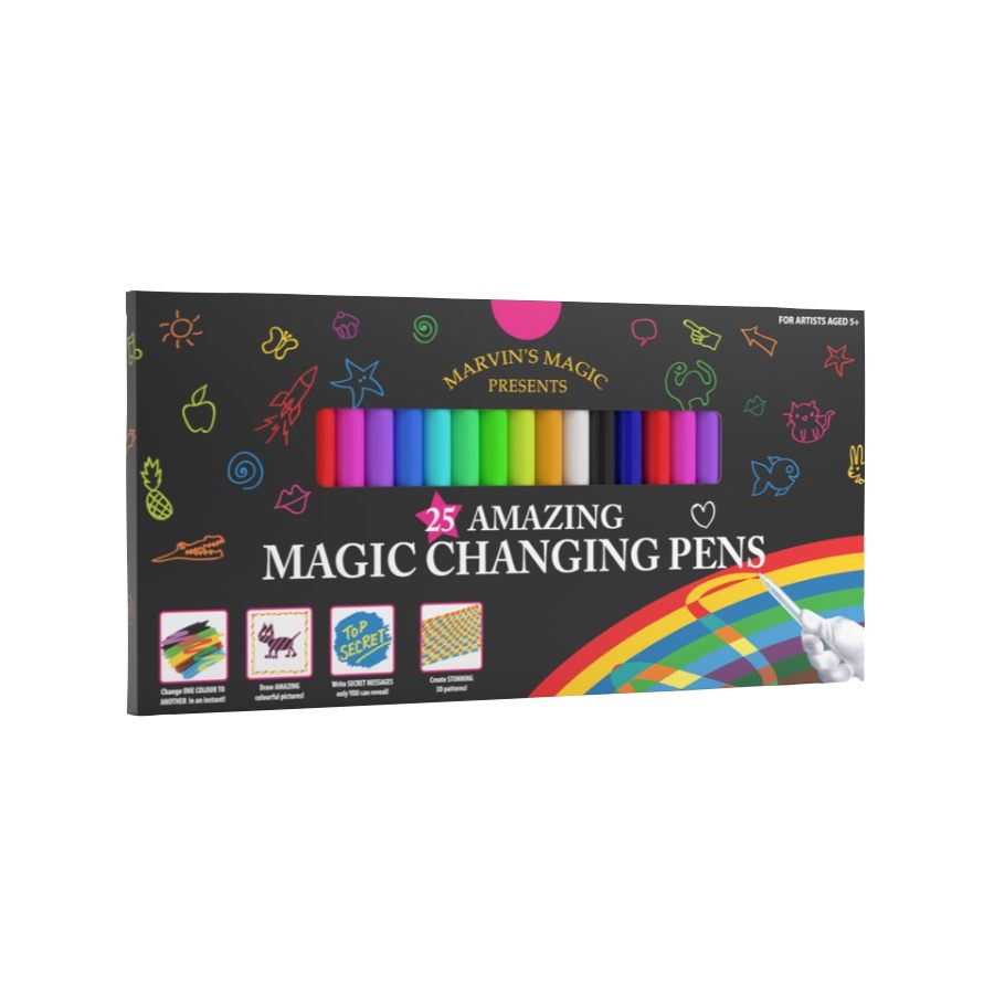 Packaging for Magic Pens featuring multiple colored pens and the Marvin's Magic brand logo.