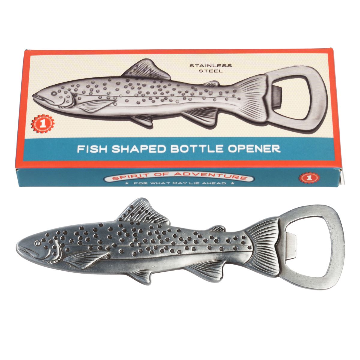 A stainless steel fish-shaped bottle opener with a packaging box labeled 'Spirit of Adventure'.